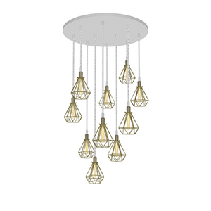 33" Round Metal Chandelier: 10 Pendant Cotton Rope and Brass Diamond Cages