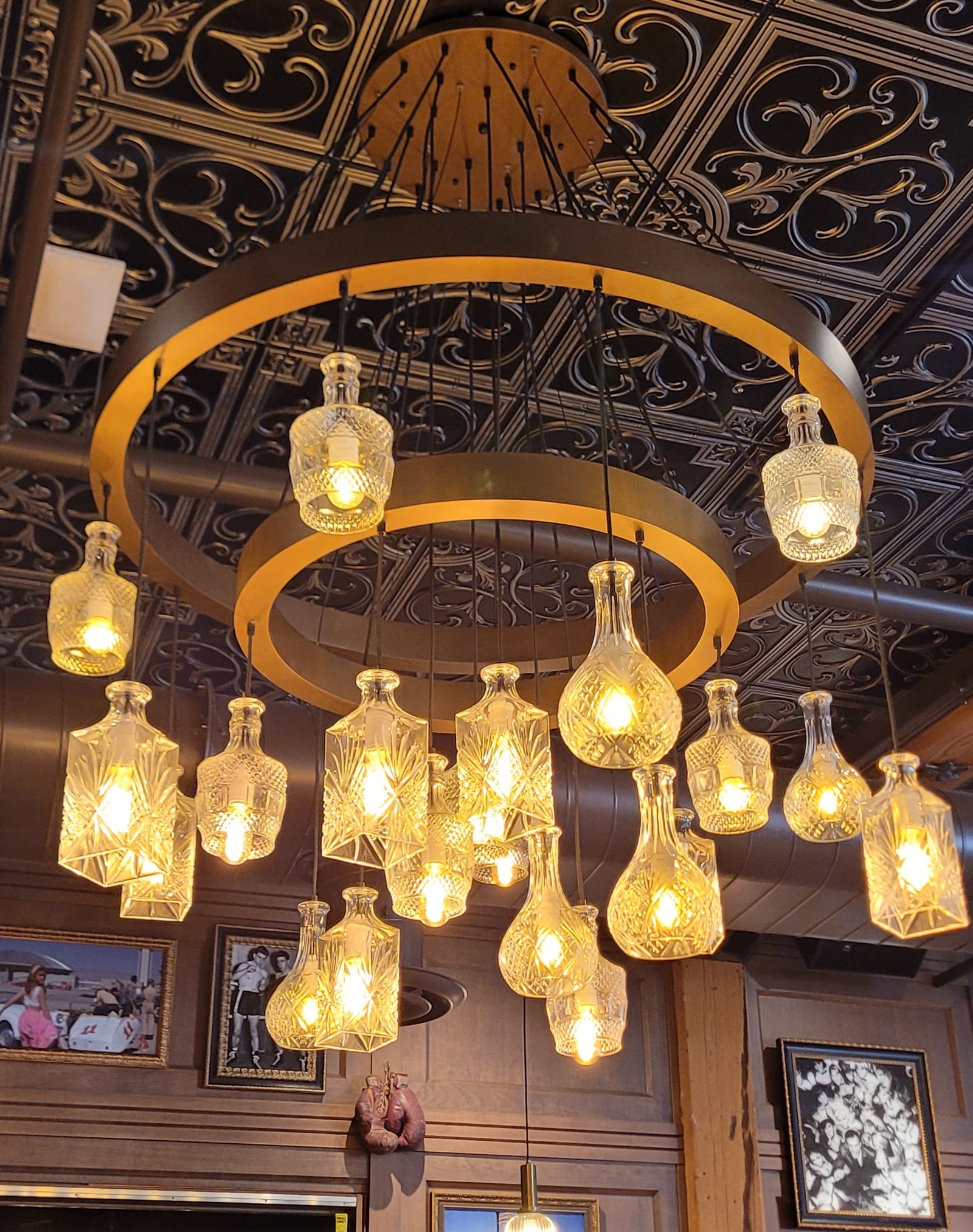 Restaurant Custom installation – 48" Two Tier Ring Chandelier - Glass Decanters