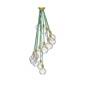 Staggered Cluster Chandelier: 14 Pendant Green and Brass