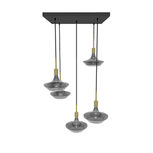 18" Square Metal Chandelier: 5 Pendant Black and Brass with XL Smoke UFO Bulbs