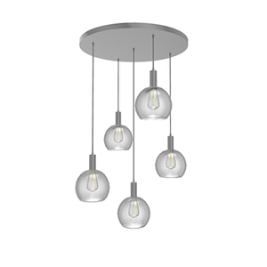 24" Round Metal Chandelier: Nickel and Grey with Glass Globe Shades