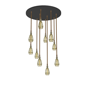 33" Round Metal Chandelier: 10 Pendant Manila Rope and Brass Cages