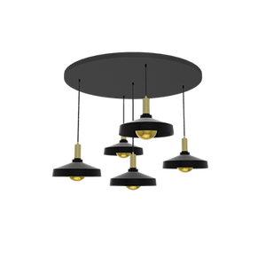 33" Round Metal Chandelier: Industrial Black Shades with Gold Dipped Bulbs