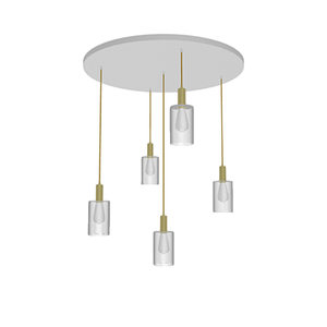 33" Round Metal Chandelier: White and Brass with Glass Cylinder Shades