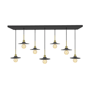 47 x 12"  Metal Chandelier: 7 Pendant Black and Brass with Black Flat Shades