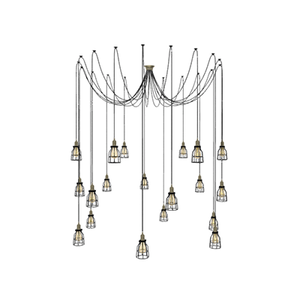 Swag Chandelier: 19 Pendant Antique Brass with Black Cages