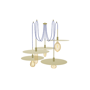 Swag Chandelier: 5 Pendant Brass and Blue with Large Brass Disk Shades