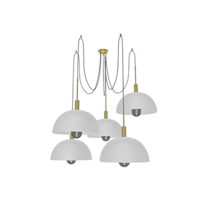 Swag Chandelier: 5 Pendant Brass and Grey with White Dome Shades