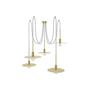 Swag Chandelier: 5 Pendant Brass and Grey with Brass Disk Shades