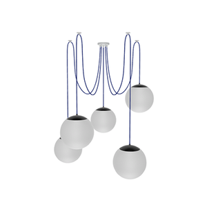 Swag Chandelier: 5 Pendant Blue and White with Neckless White Globes