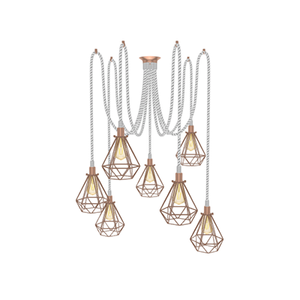Swag Chandelier: 7 Pendant White Rope with Copper Diamond Cages
