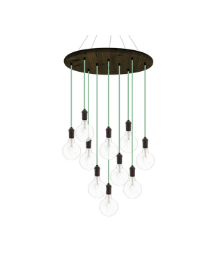 24" Round Wood Chandelier: Mint and Bronze with 5" Clear Globes