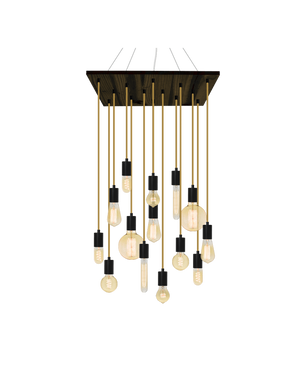 24" Square Wood Chandelier: Black and Rust With Gold Antique Bulbs