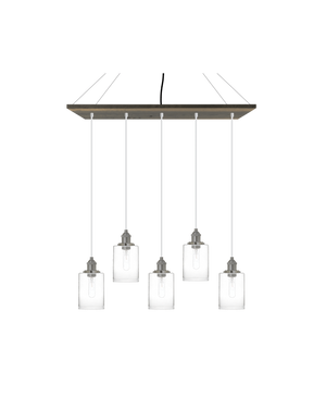 35" x 9" Wood Chandelier: Grey, White, and Glass Cylinder Shades