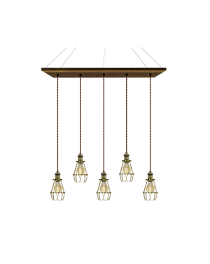 35" x 9" Wood Chandelier: Walnut, Brown, and Brass Cages