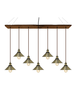 47" x 9" Reclaimed Wood Chandelier: Walnut, Brown, and Antique Brass Shades