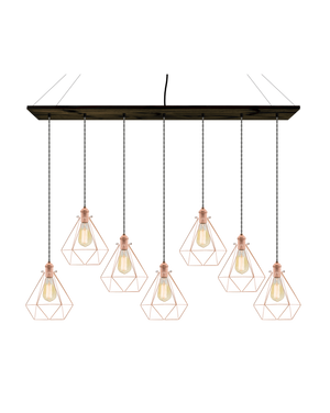 47" x 9" Wood Chandelier: Ebony, Grey, and Copper Diamond Cages