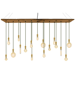 70"x12" Reclaimed Wood Chandelier: Olive and Brass with Mixed Antique Bulbs