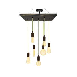 18" Square Wood Chandelier: Green Tweed with Amber Globes